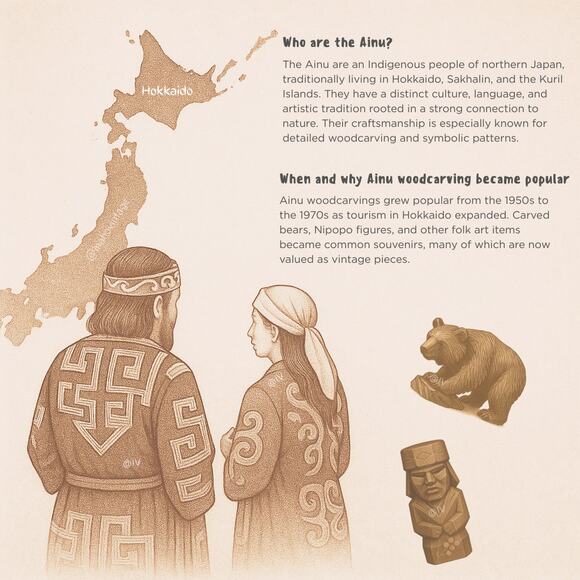 1970s Vintage Japanese Ainu Hand-Carved Wooden Statues (Set of 2) - Picture 4 of 12